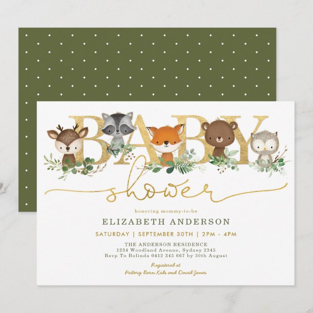 Chic Greenery Guld Woodland Forest Baby Shower Inbjudningar (Fram/baksida)