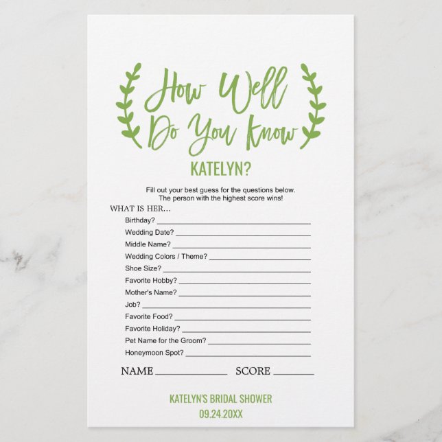Chic Greenery hur bra vet du att Bride Game? Flygblad (Framsidan)