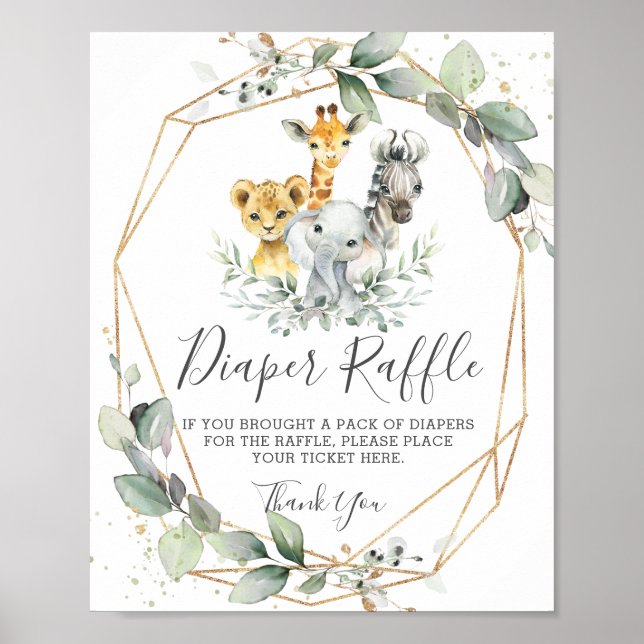 Chic Greenery Jungle Animals Baby Diaper Raffle Poster (Framsidan)