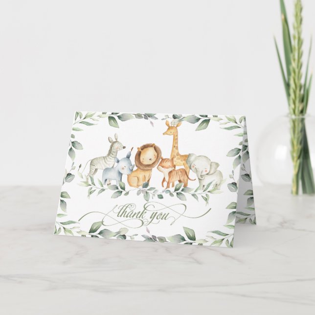 Chic Greenery Jungle Animals Baby Shower Birthday Tack Kort (Framsida)