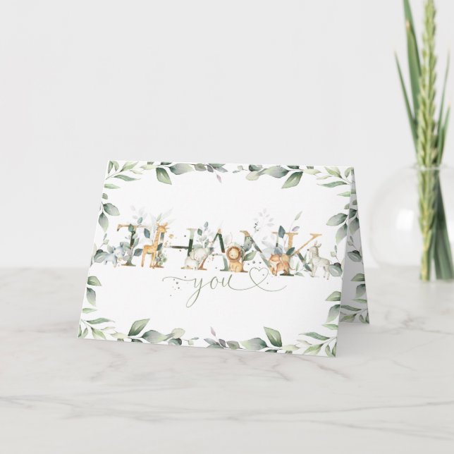 Chic Greenery Jungle Animals Baby Shower Birthday Tack Kort (Framsida)