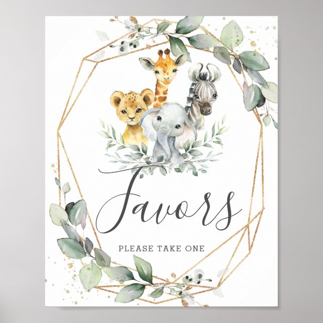Chic Greenery Jungle Animals Baby Shower Favues Fa Poster (Framsidan)