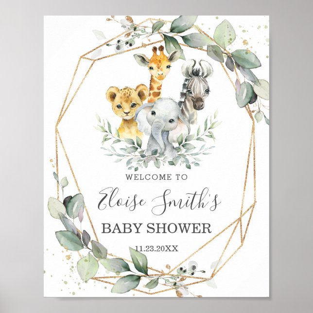Chic Greenery Jungle Animals Baby Shower Välkommen Poster (Framsidan)