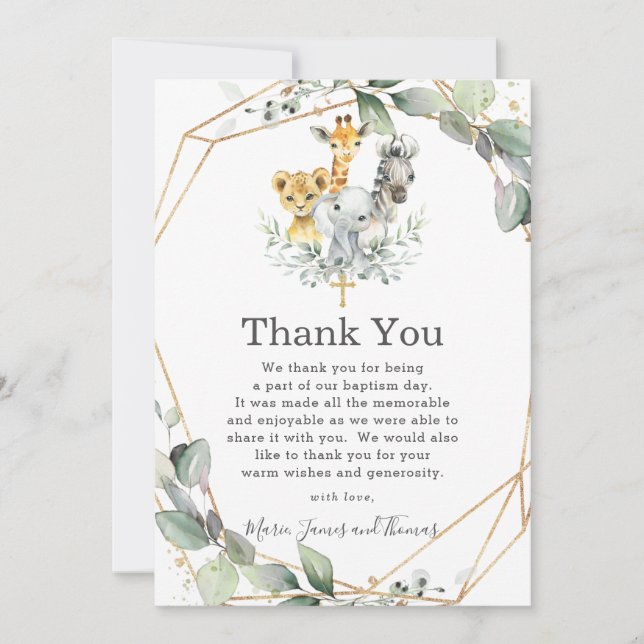 Chic Greenery Jungle Animals Baptism Christening Tack Kort (Framsida)
