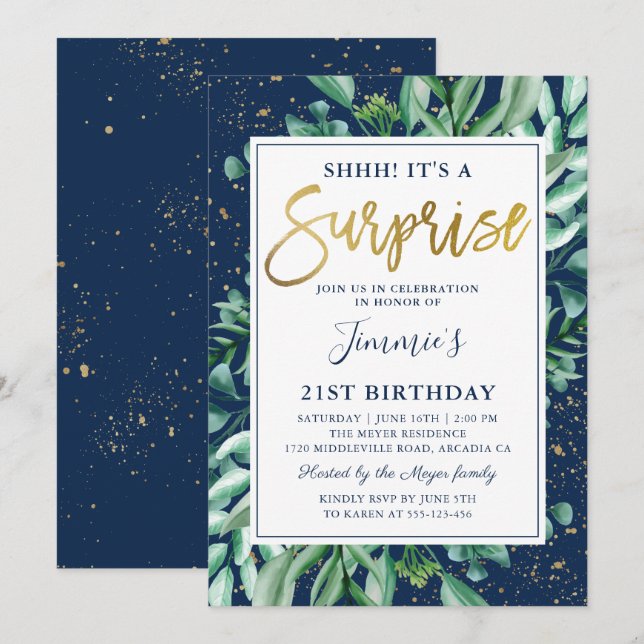 Chic Greenery Navy Blue Guld Surprise Birthday Inbjudningar (Fram/baksida)