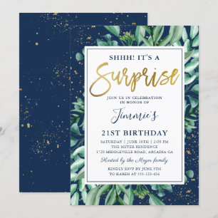 Chic Greenery Navy Blue Guld Surprise Birthday Inbjudningar