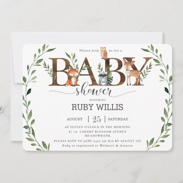 Chic Greenery Woodland Animals Baby Shower Boy Inbjudningar (Framsida)