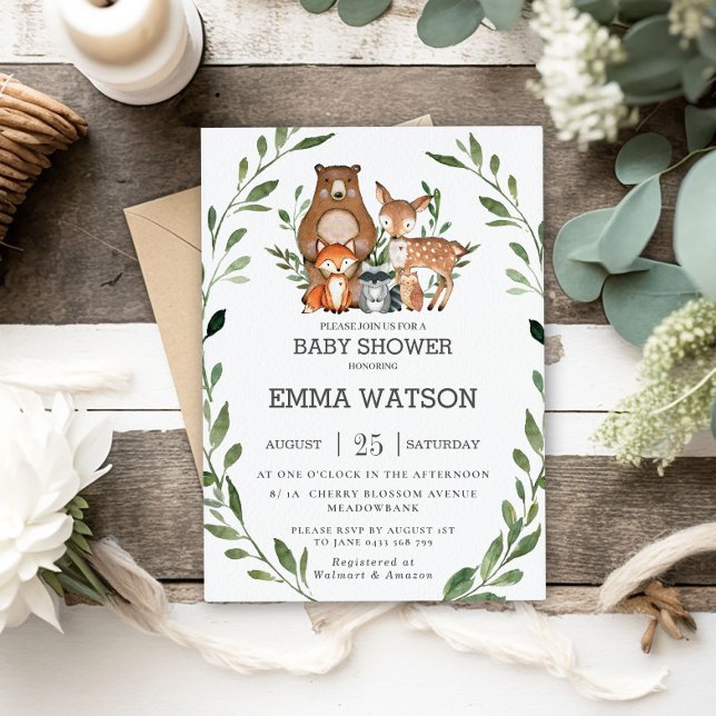 Chic Greenery Woodland Animals Baby Shower Forest Inbjudningar (Skapare uppladdad)