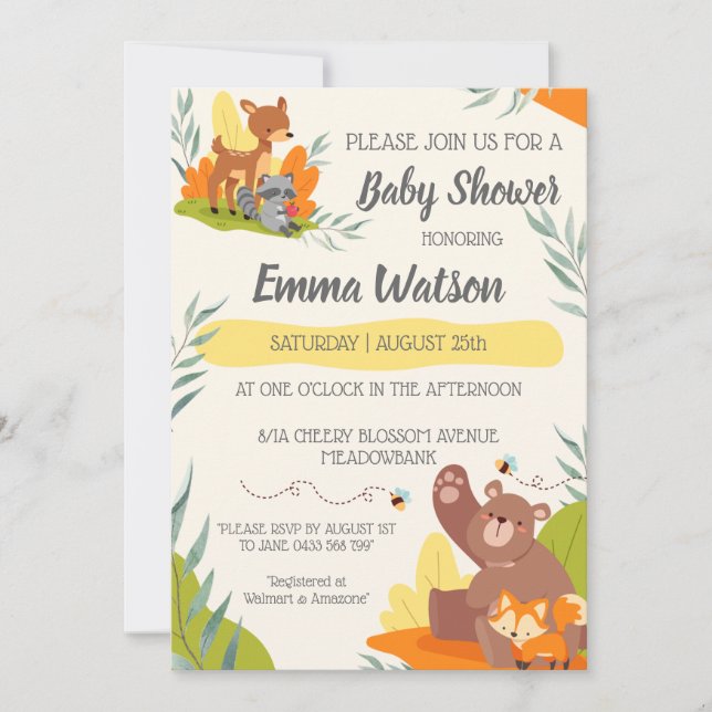 Chic Greenery Woodland Animals Baby Shower Forest Inbjudningar (Framsida)