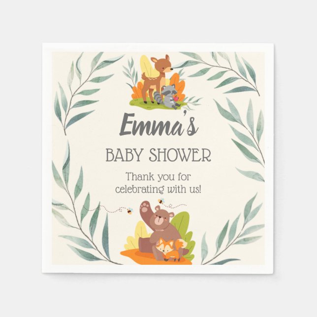 Chic Greenery Woodland Animals Baby Shower Forest Pappersservett (Framsidan)