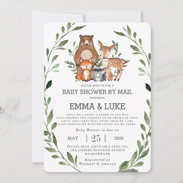Chic Greenery Woodland Animals Baby Shower via Pos Inbjudningar (Framsida)