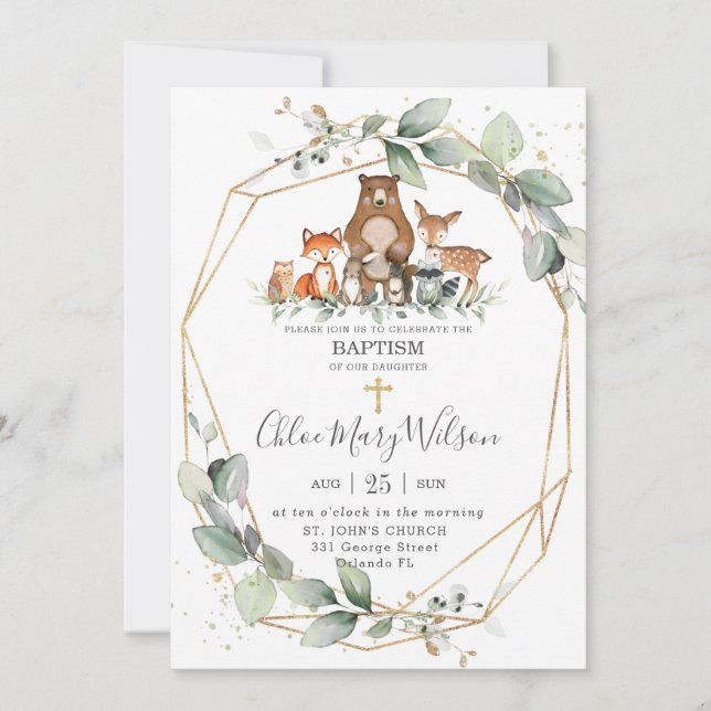 Chic Greenery Woodland Animals Baptism Christening Inbjudningar (Framsida)