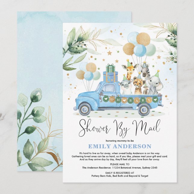 Chic Grey Blue Guld Safari Baby Shower efter post Inbjudningar (Fram/baksida)