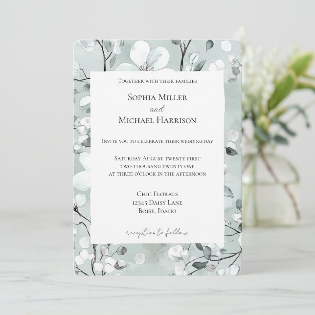 Chic Grey Blue White Floral Wedding Inbjudningar (Stående Fram)