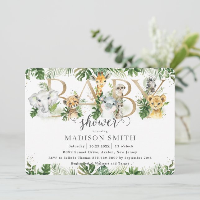 Chic Grey Cute Jungle Animals Baby Shower Inbjudningar (Stående Fram)