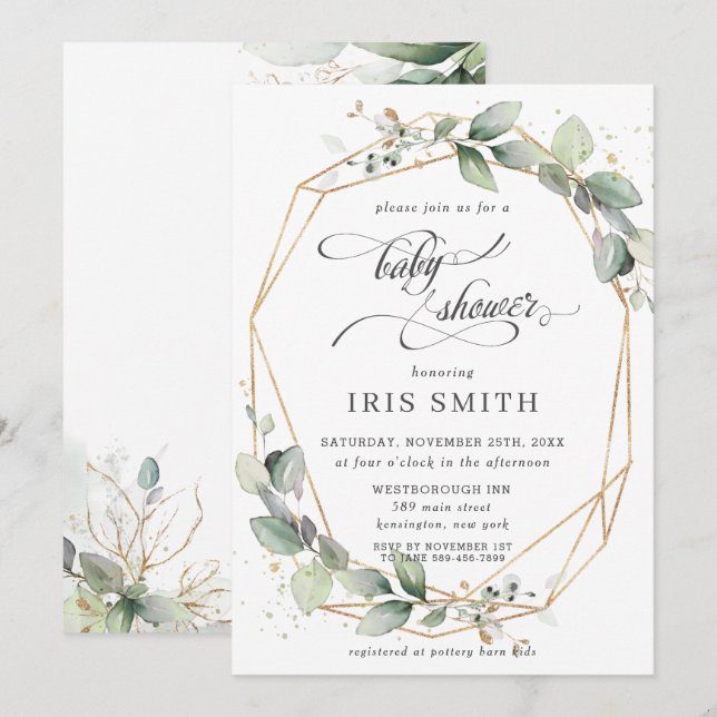 Chic Grey Leafy Foliage Baby Shower Geometric Inbjudningar (Fram/baksida)