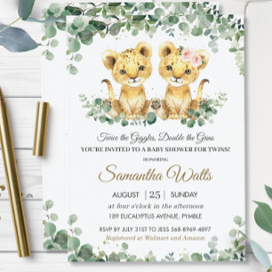 Chic Grey Lejon Unge Twillingars Boy Baby Shower Inbjudningar