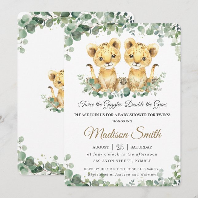 Chic Grey Lejon Unge Twillingars Boys Baby Shower Inbjudningar (Fram/baksida)