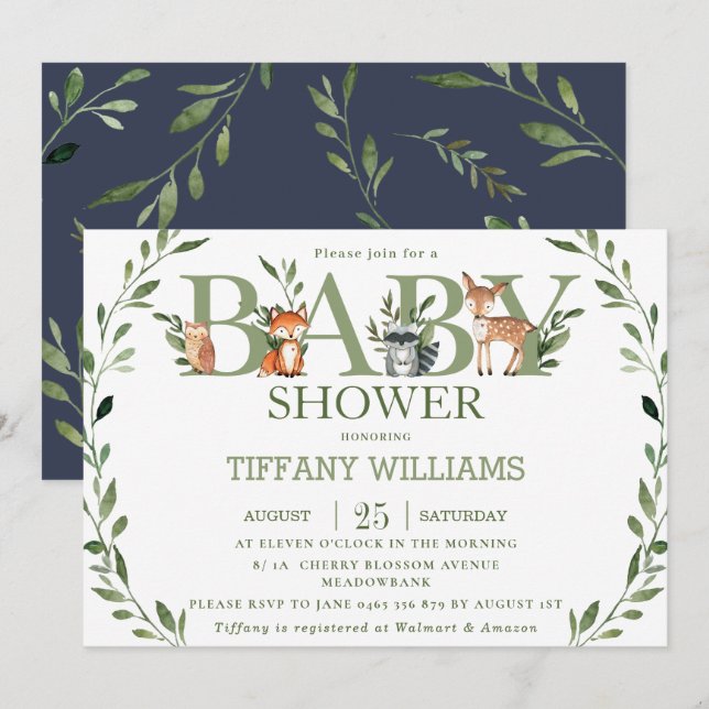 Chic Grey Rustic Woodland Animals Baby Shower Inbjudningar (Fram/baksida)