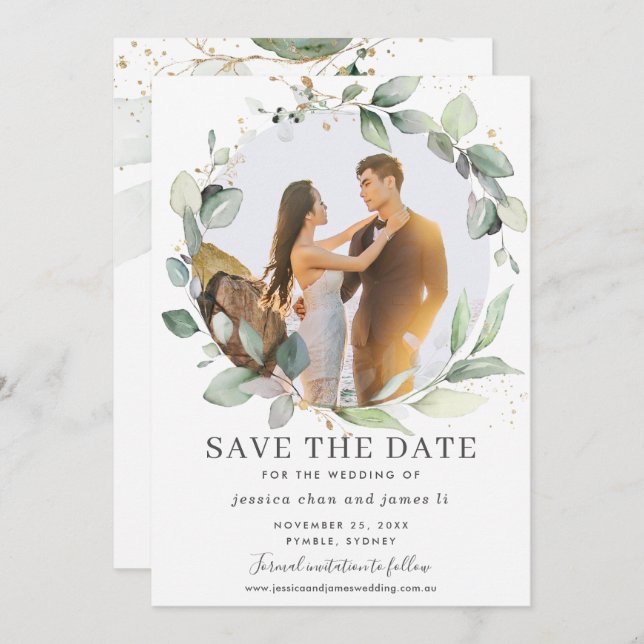 Chic Grey Wandey Photo Save Date Card Inbjudningar (Fram/baksida)