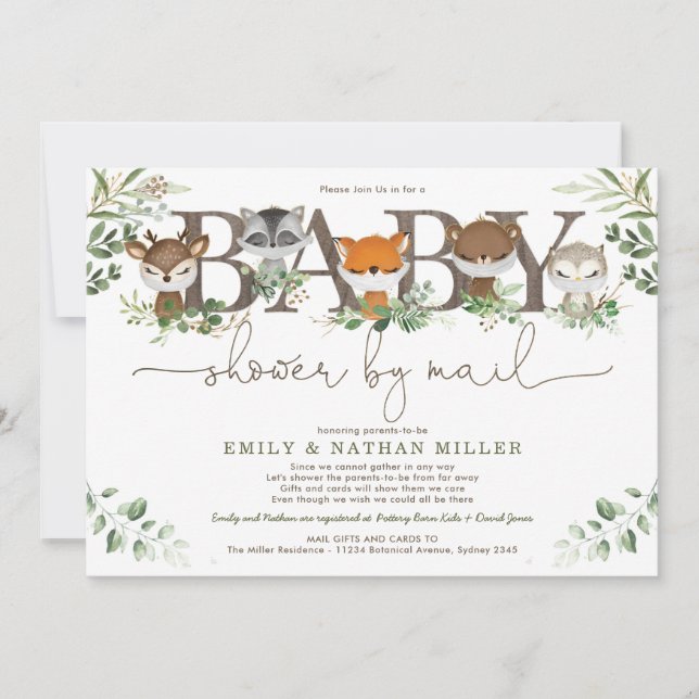 Chic Grey Woodland Animals Baby Shower by Mail Inbjudningar (Framsida)