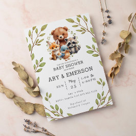 Chic Grey Woodland Animals Baby Shower Inbjudningar