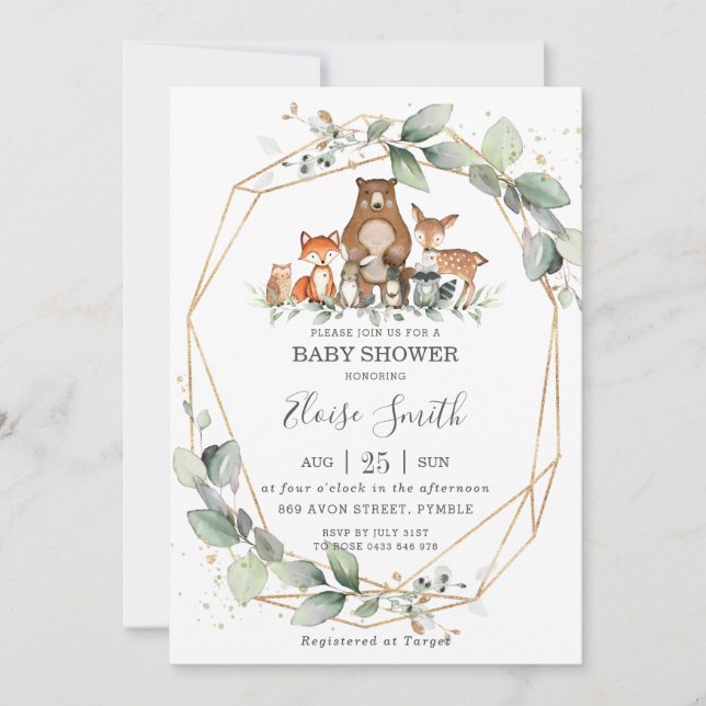 Chic Grey Woodland Animals Baby Shower Neutralt Inbjudningar (Framsida)