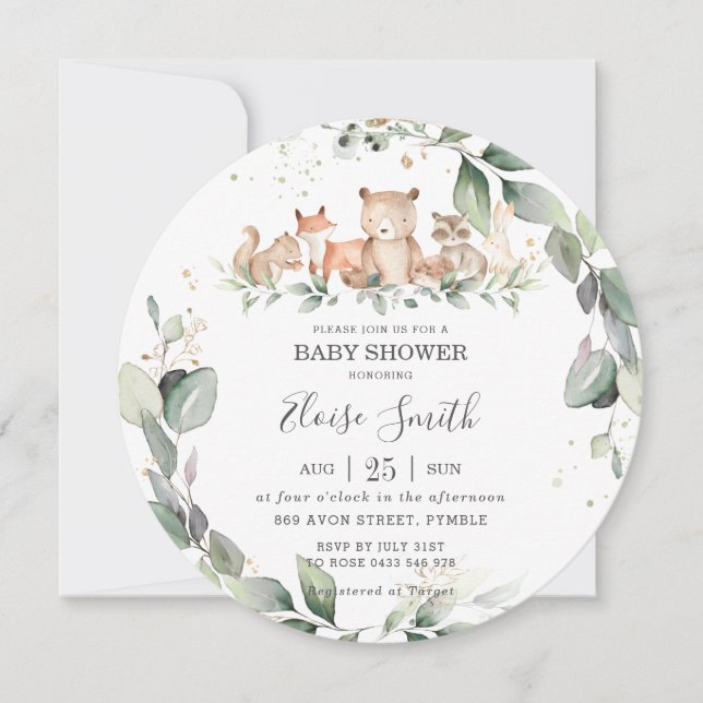 Chic Grey Woodland Animals Baby Shower Neutralt Inbjudningar (Framsida)