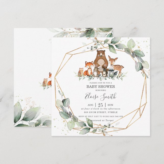 Chic Grey Woodland Animals Baby Shower Neutralt Inbjudningar (Fram/baksida)