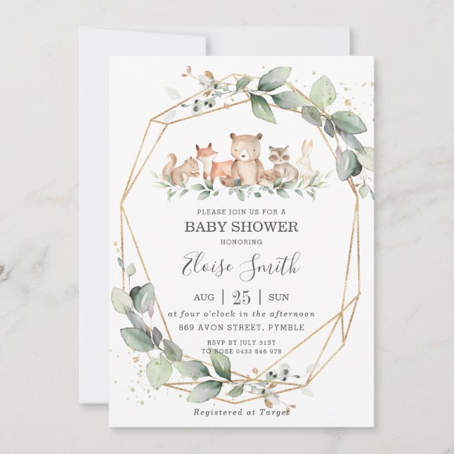 Chic Grey Woodland Animals Baby Shower Neutralt Inbjudningar (Framsida)