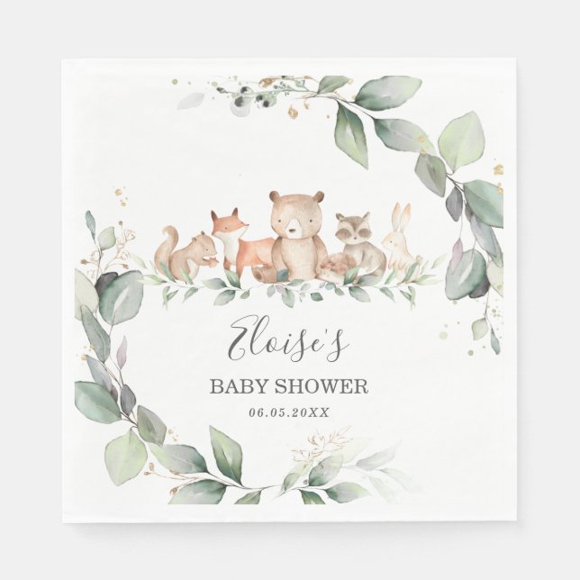 Chic Grey Woodland Animals Baby Shower Neutralt Pappersservett (Framsidan)
