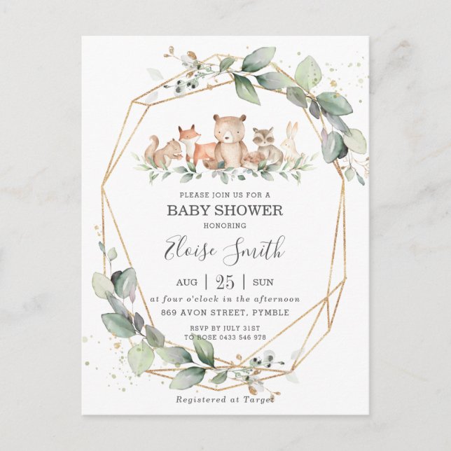 Chic Grey Woodland Animals Baby Shower Neutralt Vykort (Framsida)