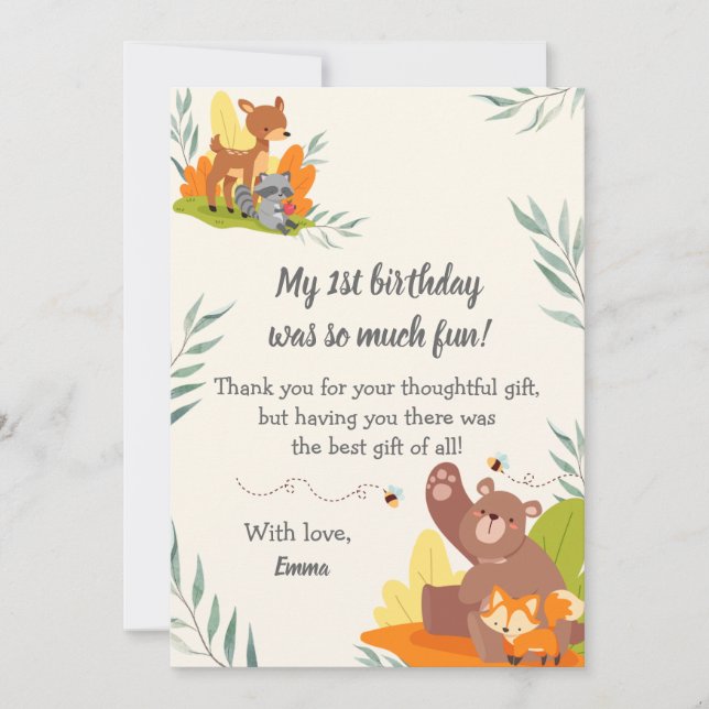 Chic Grey Woodland Animals Forest 1 Birthday Tack Kort (Framsida)