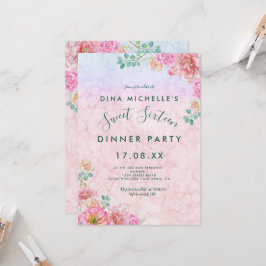 Chic Grön & Rosa Ömtålig Akvarell Sweet 16 Inbjudningar