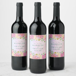 Chic Grön & Rosa Ömtålig Blommotiv i Akvarell Vinflaska Etikett