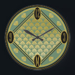 Chic Grönt & Black Art Deco Fläkt Monogram Stor Klocka<br><div class="desc">En häpnadsväckande konsthändelsekur med fläkt-dekanor under den typiska perioden guld,  emerald och svart färg. Du kan enkelt anpassa monogrammet,  som elegant ersätter 6 på ratten,  efter behov. En originalutformning som endast finns på ©Oh_Nostalgia online store. Alla rättigheter förbehållna.</div>