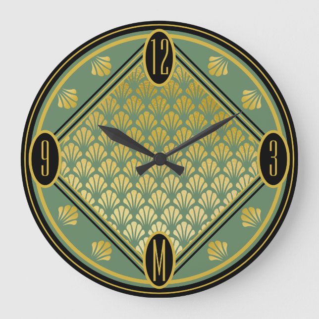 Chic Grönt & Black Art Deco Fläkt Monogram Stor Klocka (Framsida)
