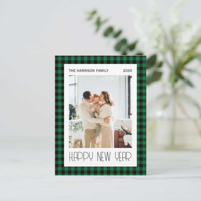 Chic Grönt Black Gingham Play New Year Photo Vykort (Stående Fram)