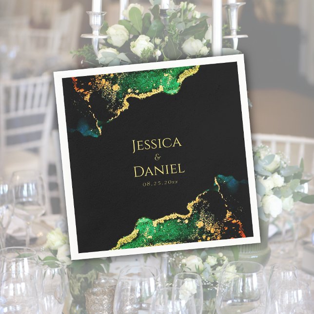 Chic Grönt Black Guld Bröllop Pappersservett (Chic Green Black Gold Wedding Napkins)