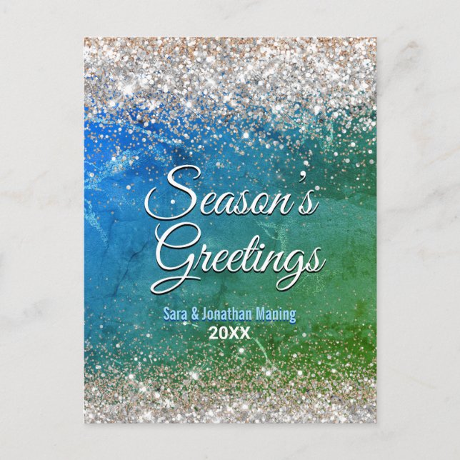 Chic grönt blått guld glitter jul nytt år vykort (Framsida)