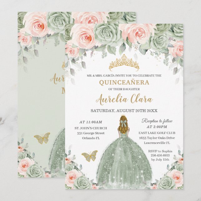 Chic Grönt  Blommigt Blonde Quinceañera Inbjudningar (Fram/baksida)
