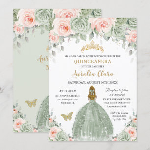 Chic Grönt Blommigt Blonde Quinceañera Inbjudningar