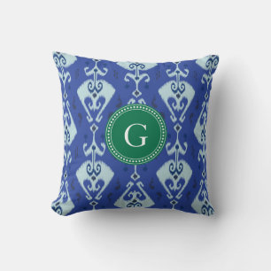 Chic grönt blue ikat tribal mönster monogram kudde