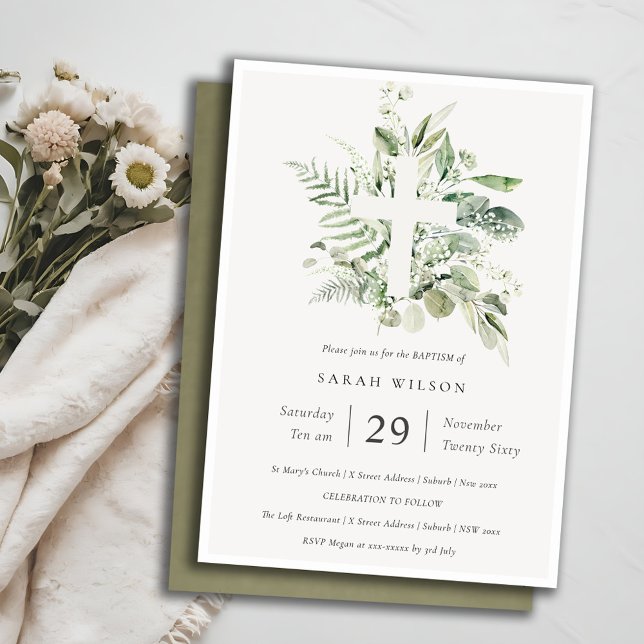 Chic Grönt Eucalyptus Fern Foliage Kor Baptism Inbjudningar (Skapare uppladdad)
