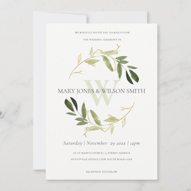 CHIC GRÖNT FAUX GULD FOLIAGE WEDDING INVITE FÖR WR TACK KORT (Framsida)