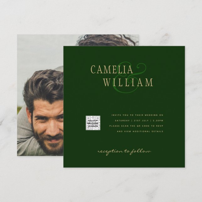 Chic Grönt Fotobröllop - bjud in QR-kodens Spara (Fram/baksida)
