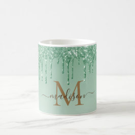 Chic grönt Glitter Monogram  Kaffemugg