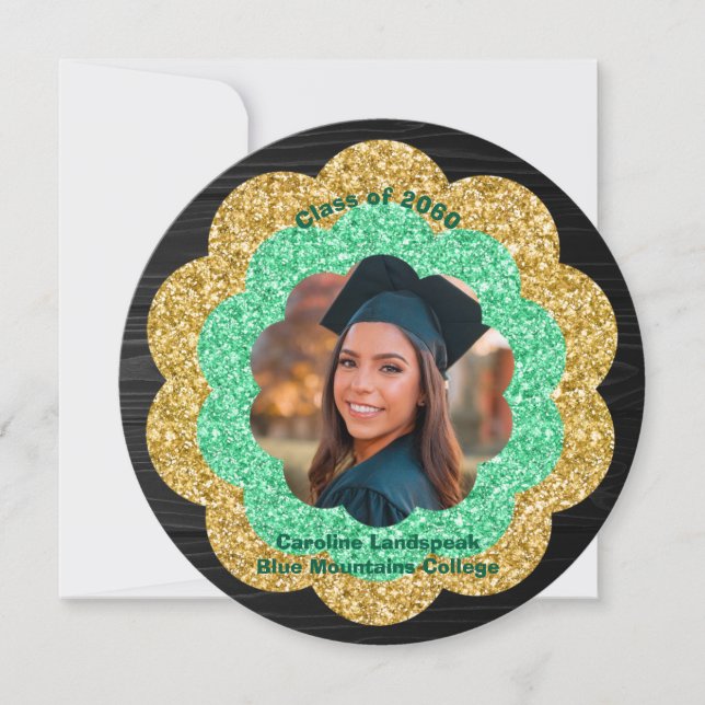 Chic Grönt Guld Blommigt Photo Studentfest Inbjudningar (Framsida)