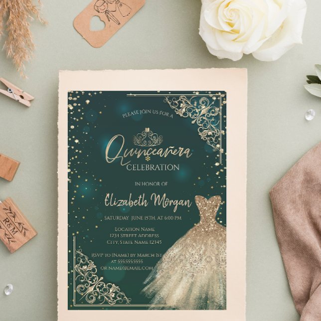 Chic Grönt Guld Dress Tiara,Diamonds Quinceañera Inbjudningar (Skapare uppladdad)