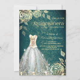 Chic grönt Guld ro trendig dress Quinceañera Inv Inbjudningar